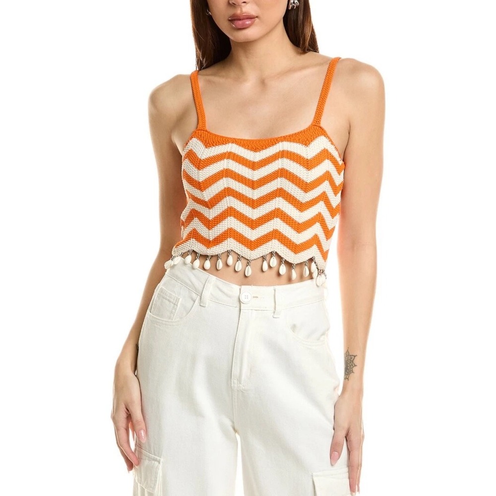 Sandro Cassandre Chevron Stripe Knit Crop Top Orange Ecru Shell Trim‎ Sz 4 NWT
